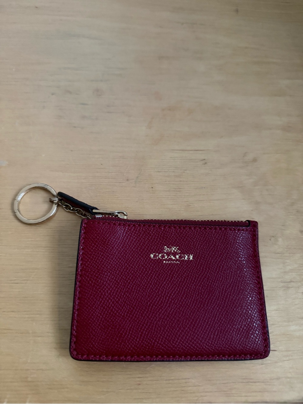 COACH Wine Red Leather Zip Card Holder with Keyring